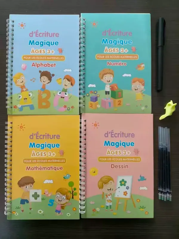 Les 4 cahiers d'écriture magique en français : Alphabet, Numéro, Mathématique, Dessin