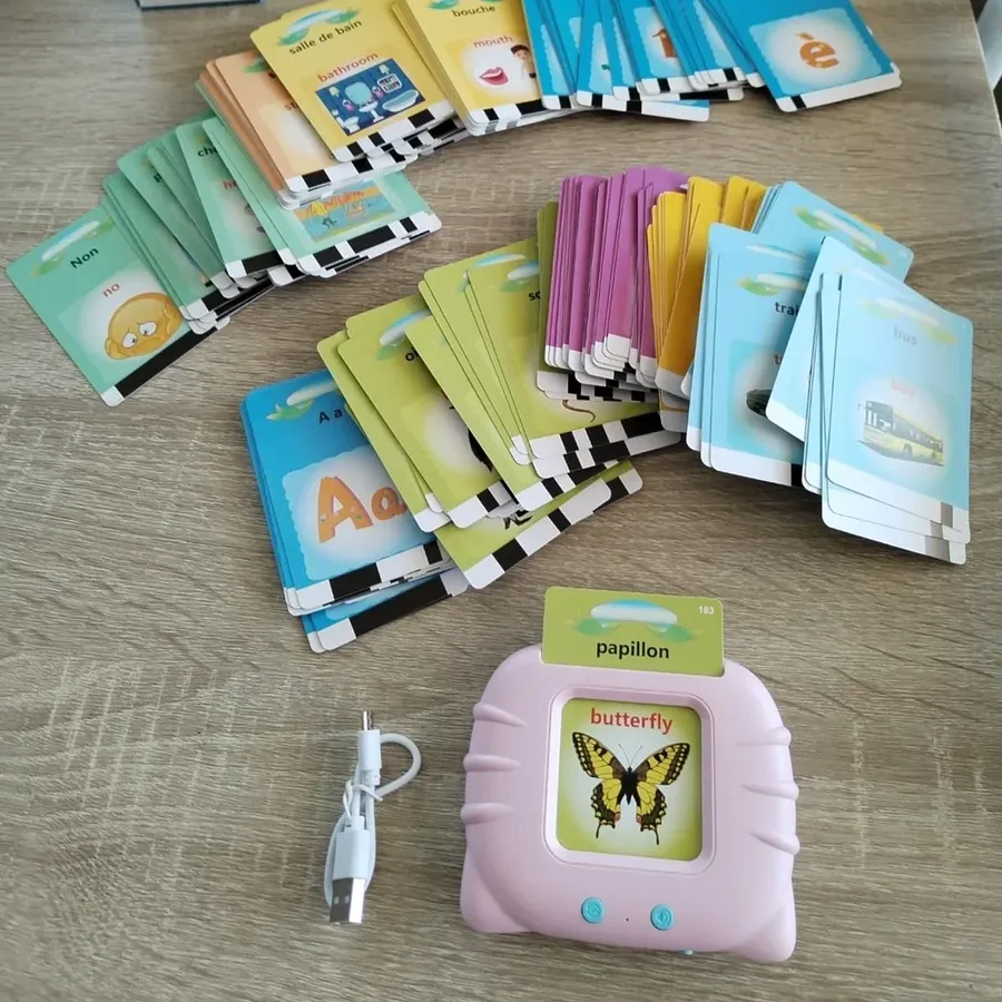 Vraie photo : les cartes français-anglais étalées sur une table (« salle de bain / bathroom », « bouche / mouth », « Non / no ») et la machine rose avec la carte « papillon / butterfly »