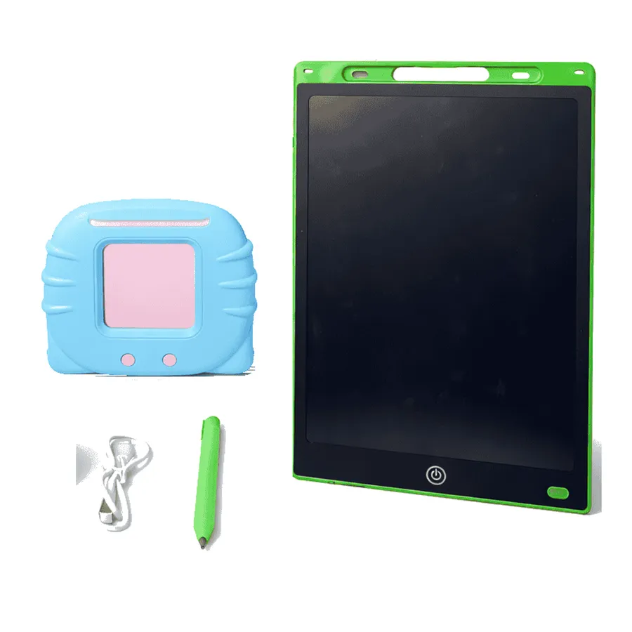 Photo produit : la machine à cartes bleue, son câble USB, la tablette d'écriture LCD et son stylo