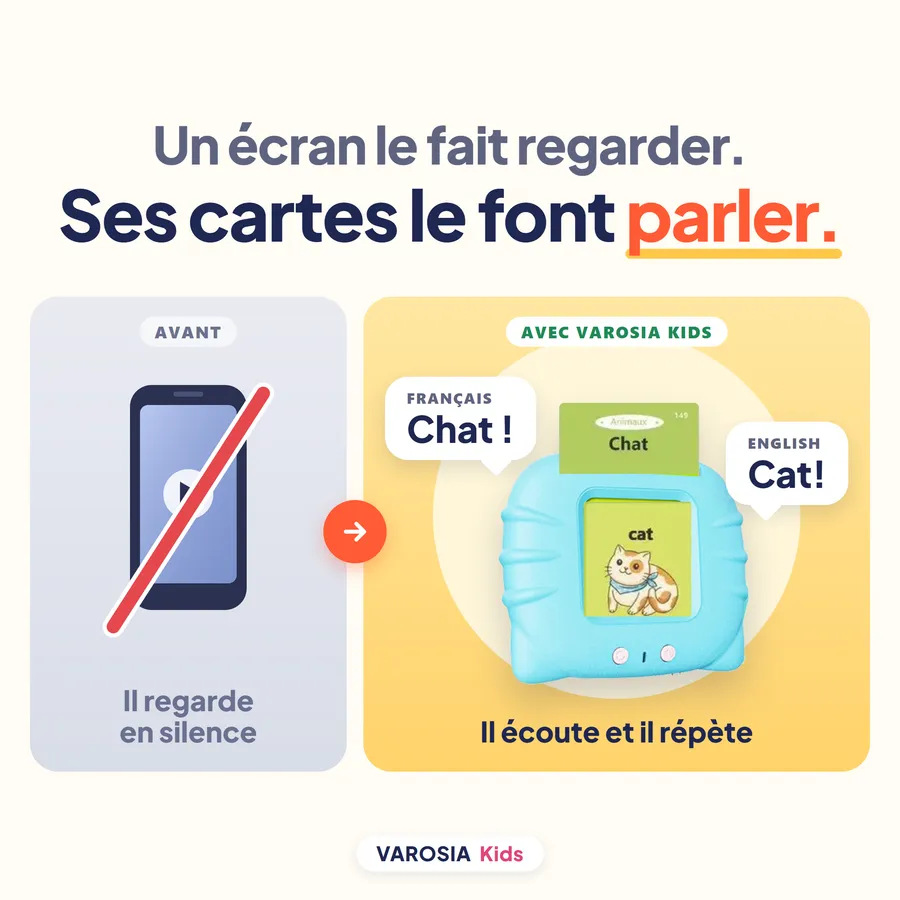 Un écran le fait regarder, ses cartes le font parler : la machine VAROSIA Kids et la carte « Chat / cat » dit le mot en français et en anglais