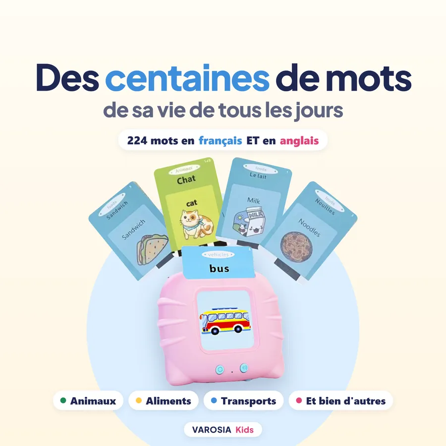 224 mots du quotidien en français et en anglais : cartes « Le lait / Milk », « Chat / cat », « Nouilles / Noodles », « Sandwich » autour de la machine